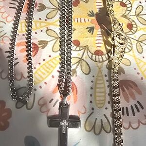 Religious LOT Lady of Guadalupe Gold Plated Bracelet & Stainless Cross Necklace